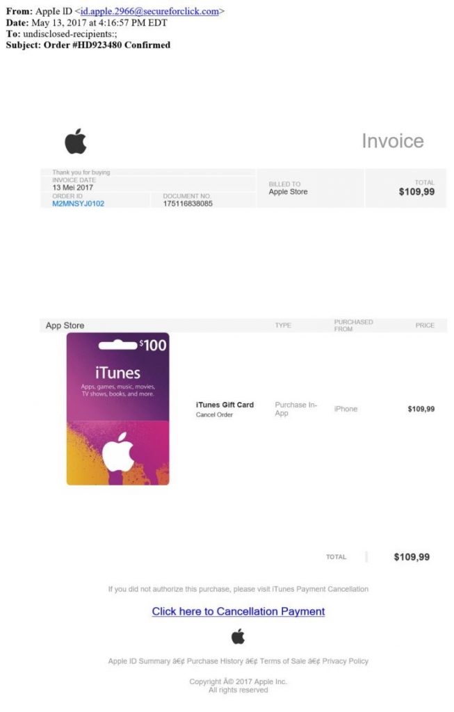 Screenshot of an email with subject "Order #HD923480 Confirmed" containing a sophisticated Apple ID phishing attempt