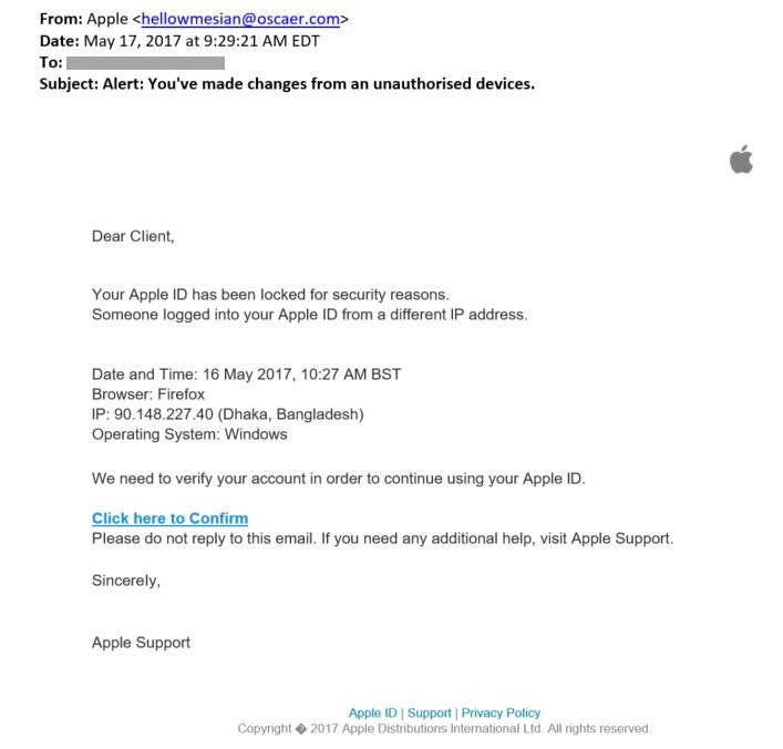 Screenshot of an Apple ID phishing email from "hellowmedian"