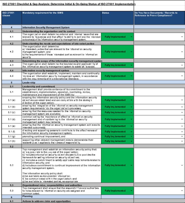 Thumbnail preview of ISO 27001 Checklist spreadsheet workbook