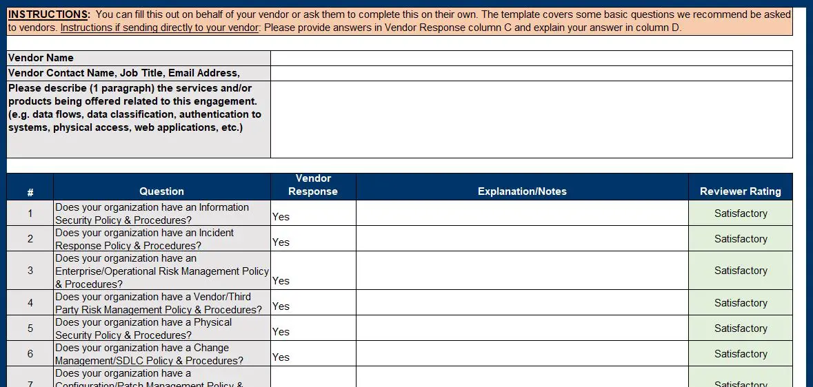 a vendor response form with instructions on how to fill it out