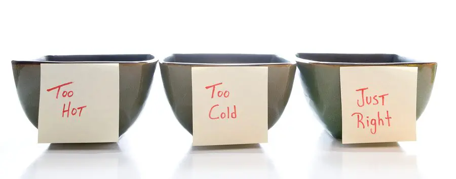 three bowls with sticky notes on them that say too hot too cold and just right