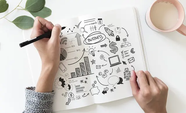 person is doodling in a notebook about business