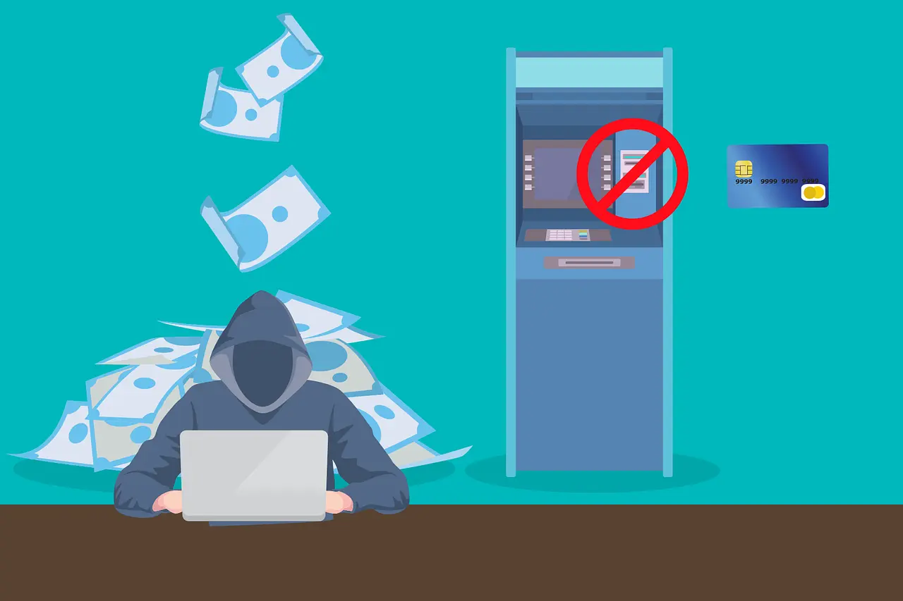 an illustrated figure with a hood is sitting at a surface with a laptop with money falling behind them in the background, and an atm is blocked out with a card displayed beside it