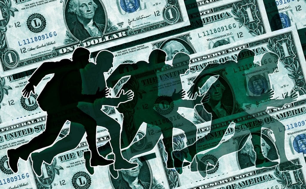 the figure of an individual running across the screen with one dollar bills in the background