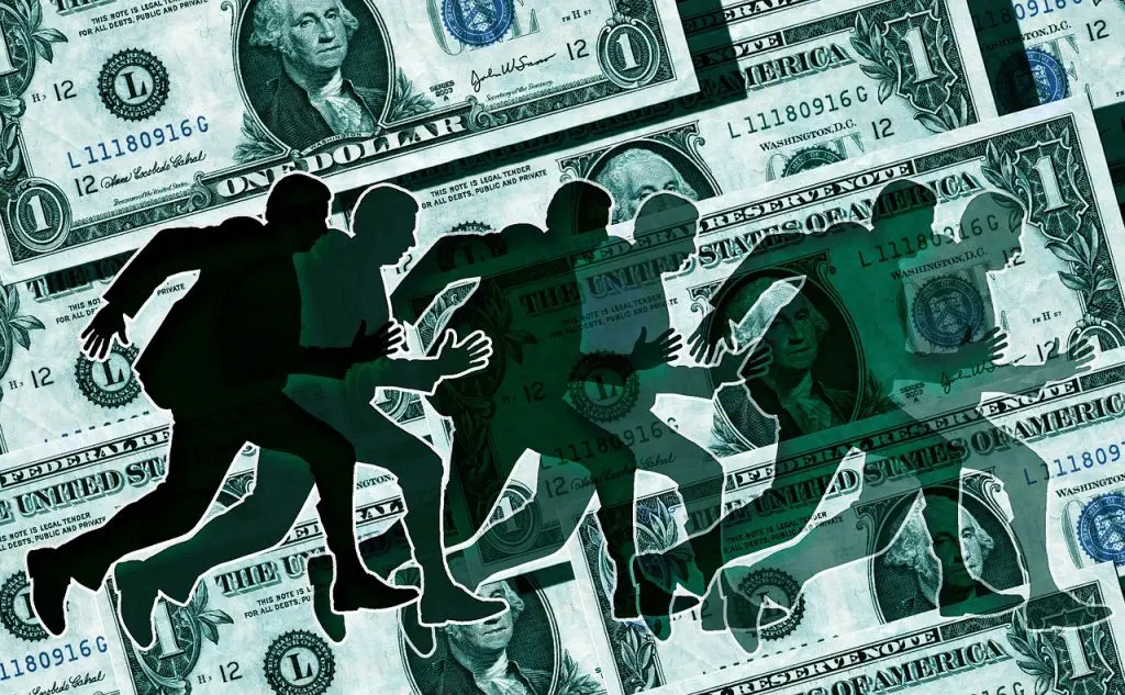 the figure of an individual running across the screen with one dollar bills in the background