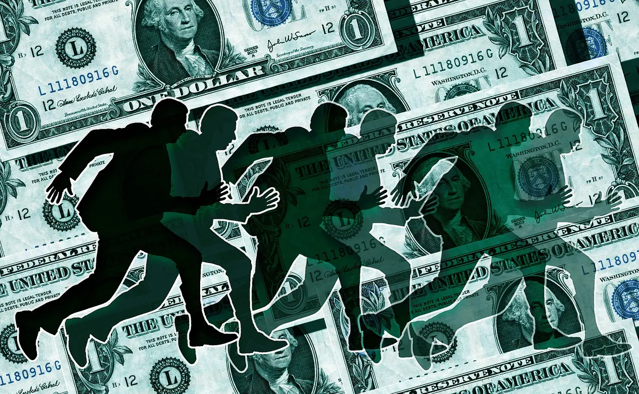 the figure of an individual running across the screen with one dollar bills in the background