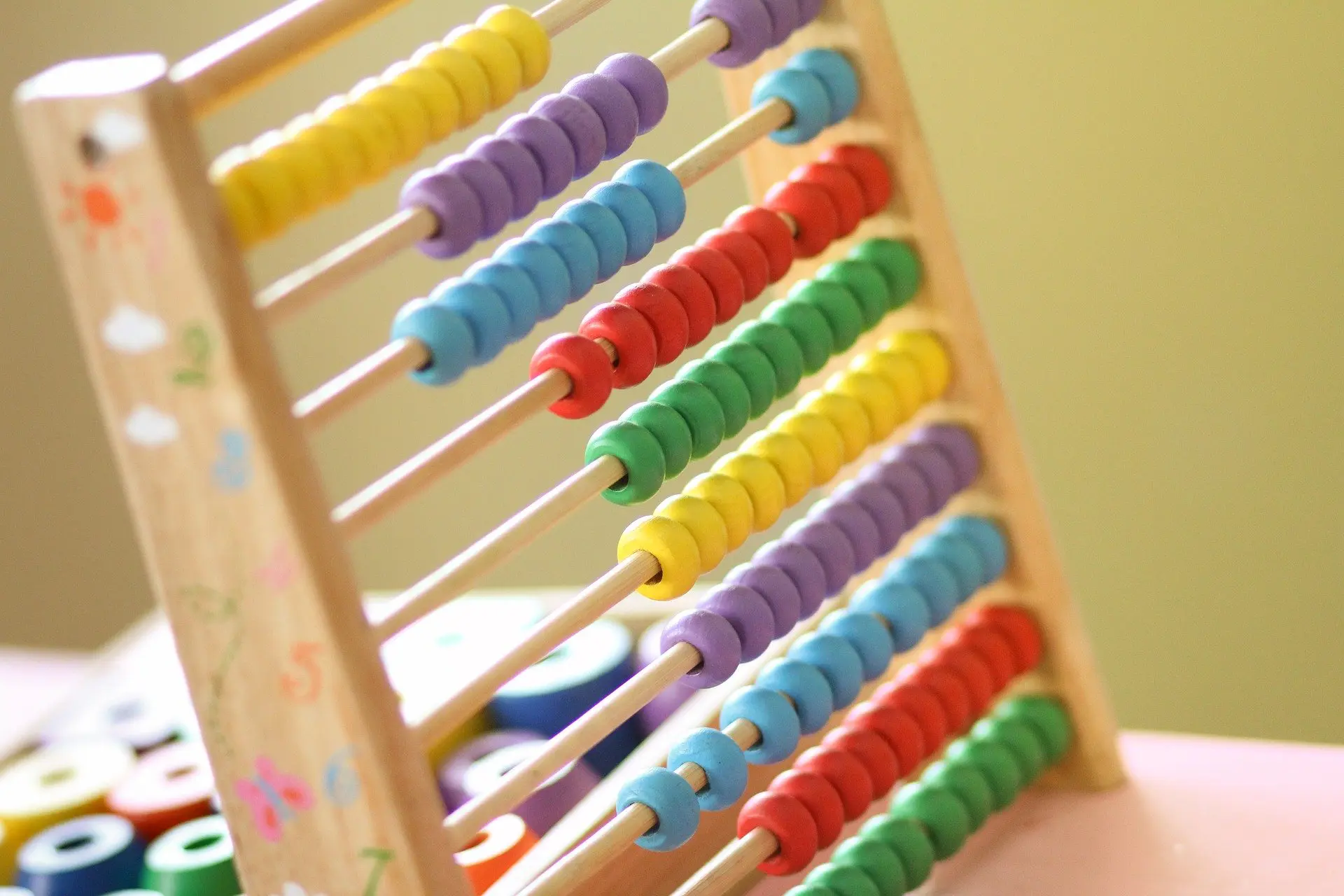 Wooden abacus with colorful beads on it