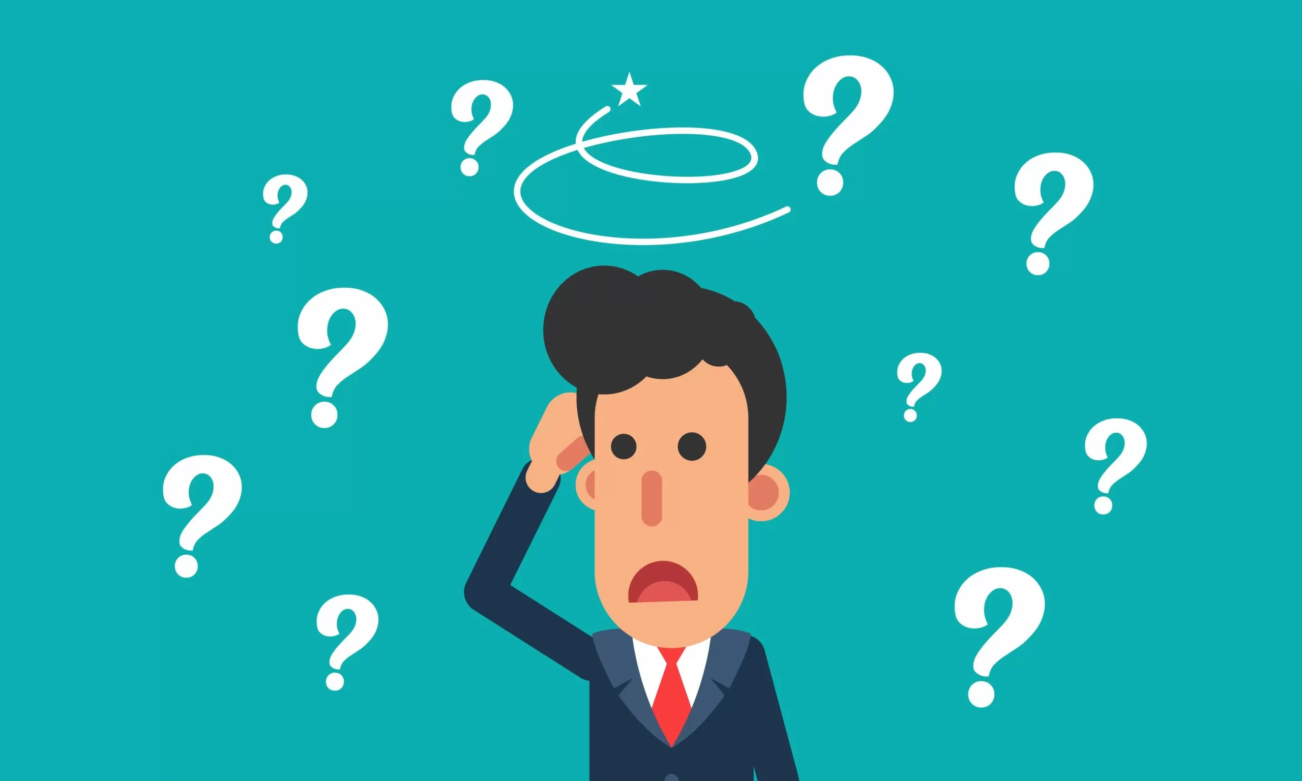 a cartoon of a man surrounded by question marks