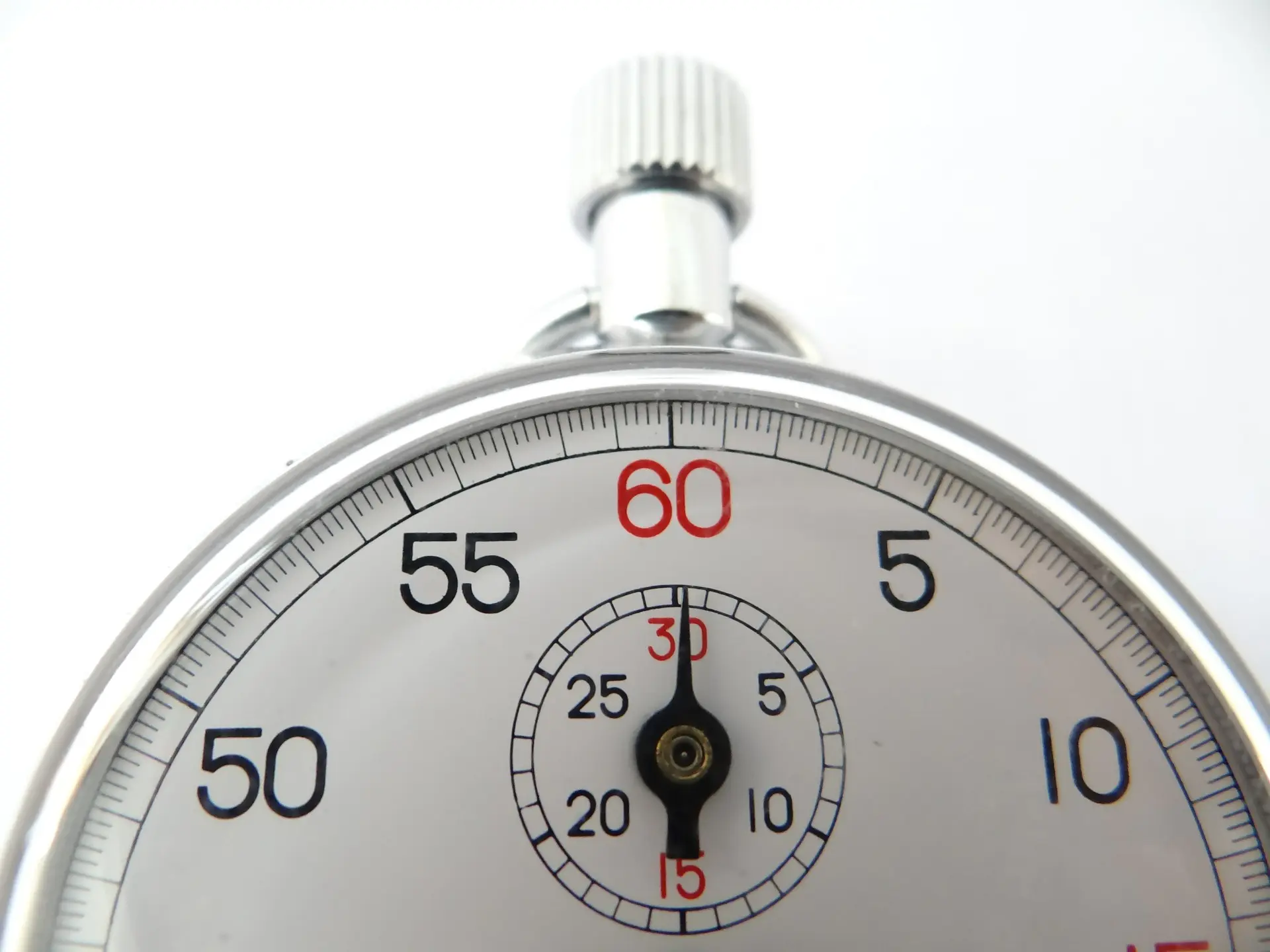 a close up of a stopwatch showing that it is almost 5:00