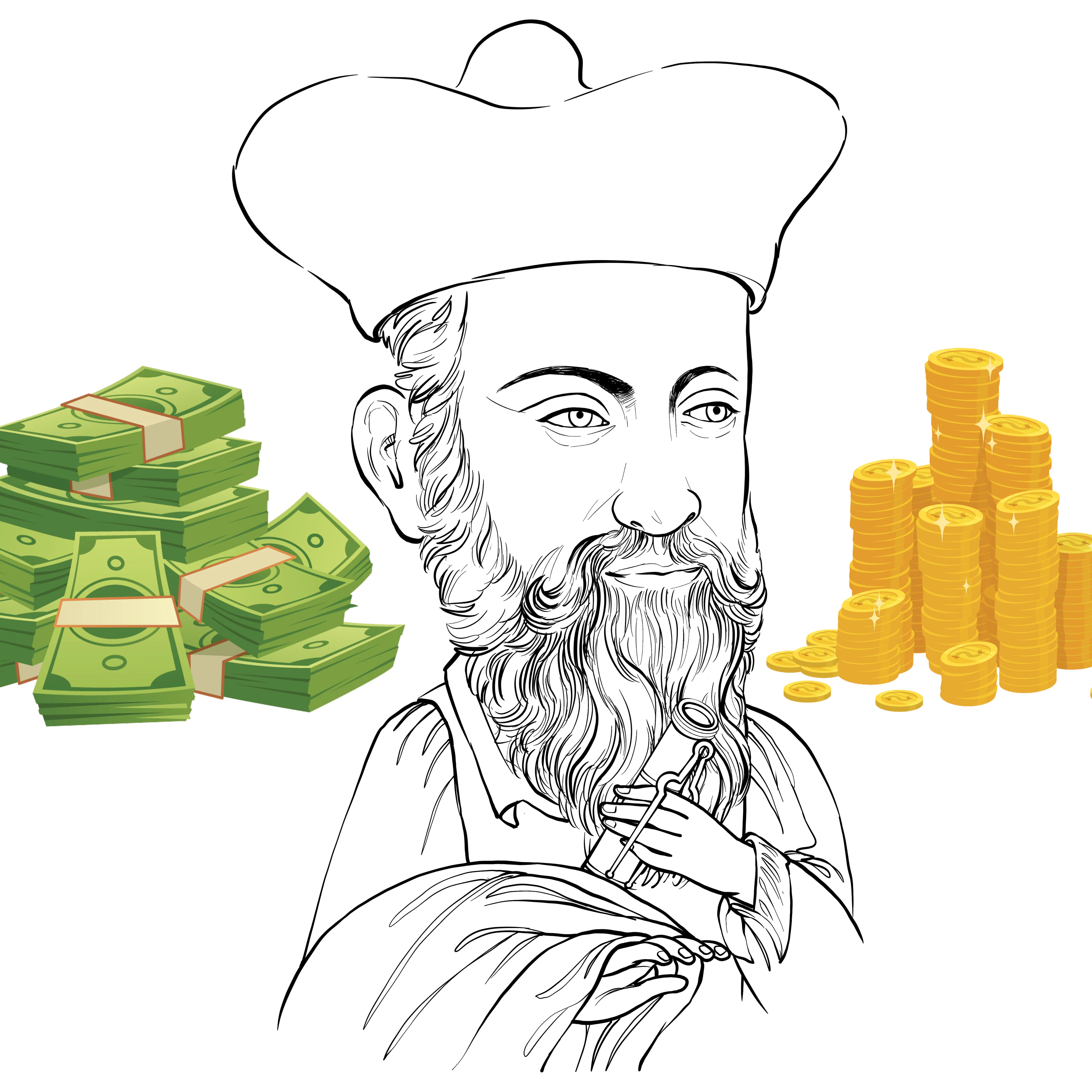 Illustration of a man with a beard and a stack of money
