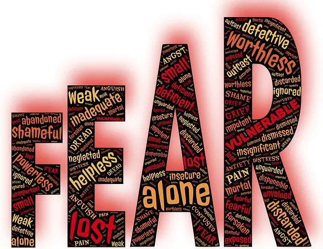 the word 'fear' and each letter of the word are filled with fear-centered words, such as 'powerless', 'helpless', 'alone', and 'worthless'