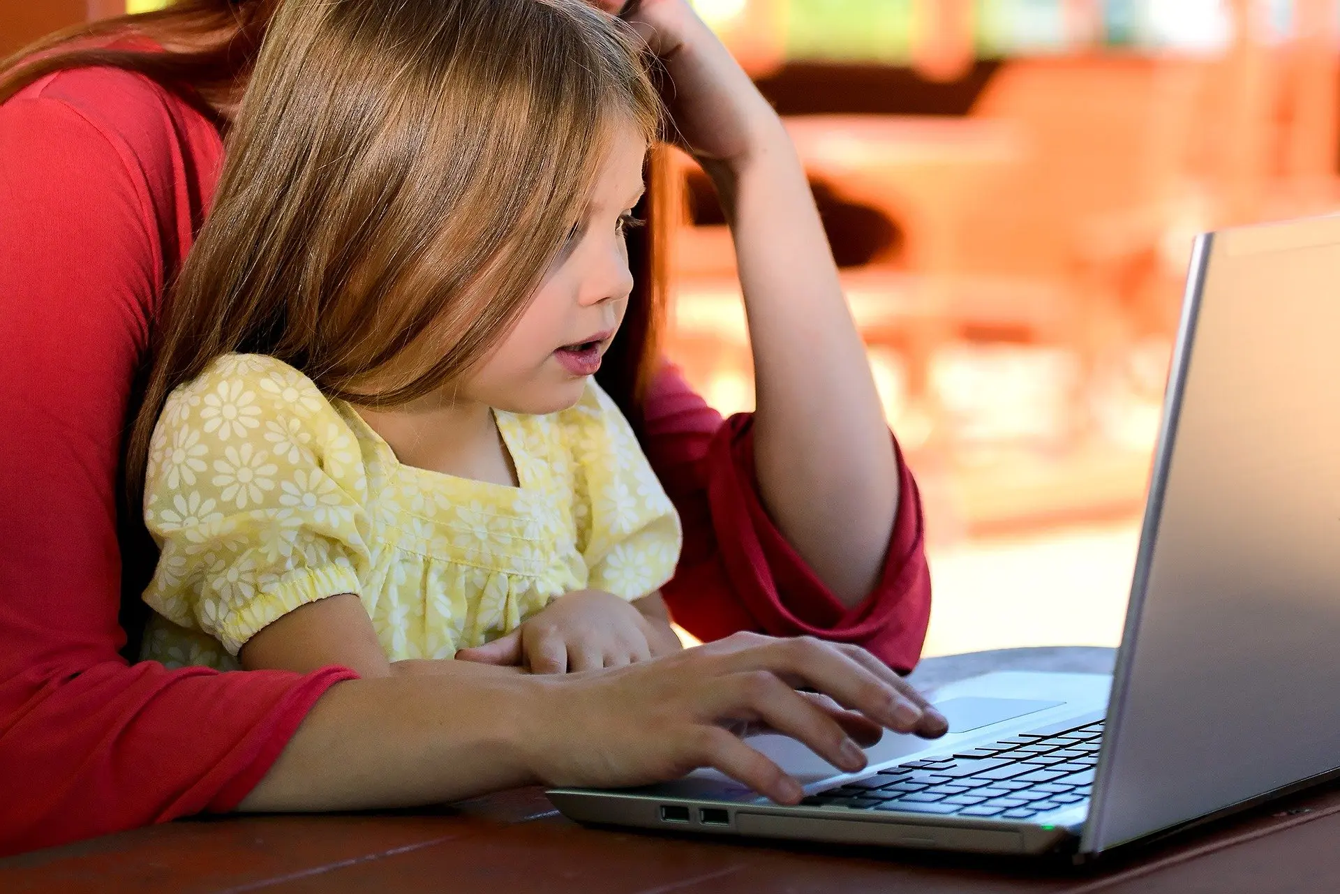 a little girl sitting on a woman 's lap looking at a laptop