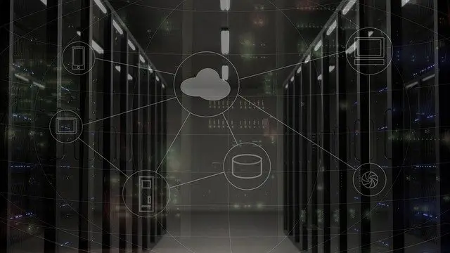 icons featured in front of a photo of a data center storage unit