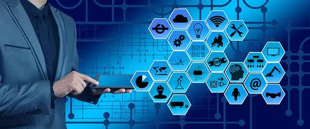 an individual with a tablet in their hand and several icons are featured in the graphic