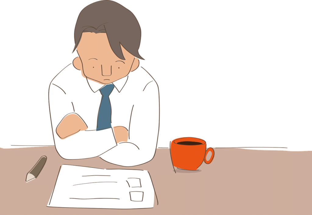 an illustrated man with a frown staring down at a piece of paper that is next to a writing utensil and a coffee mug