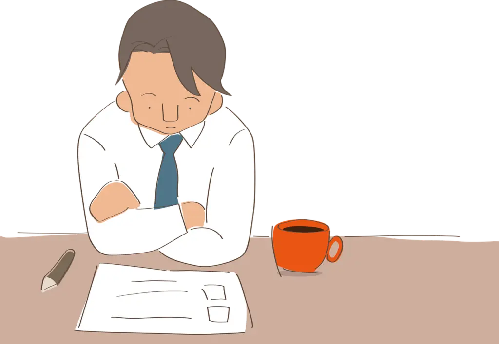 an illustrated man with a frown staring down at a piece of paper that is next to a writing utensil and a coffee mug