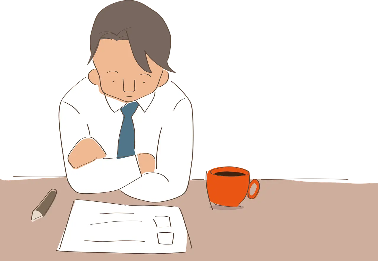 an illustrated man with a frown staring down at a piece of paper that is next to a writing utensil and a coffee mug