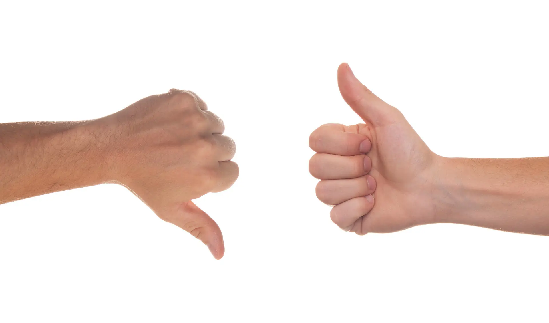 two hands, one with a thumbs up and the other with a thumbs down