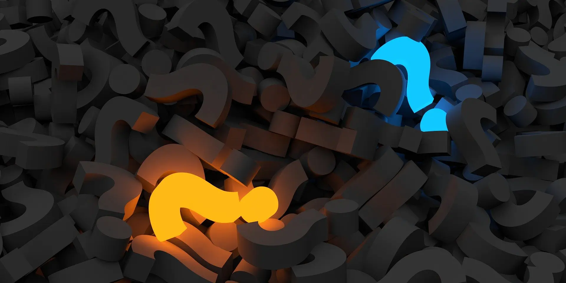 a yellow question mark is surrounded by black question marks