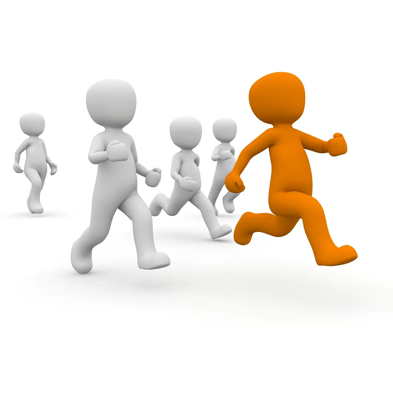 group of cartoon people are running and one of them is orange