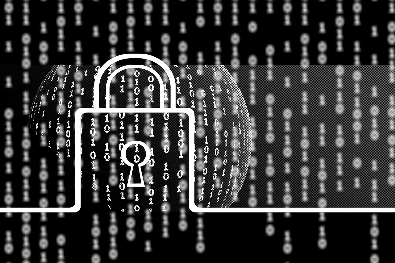a padlock with a keyhole in the middle is surrounded by binary code .