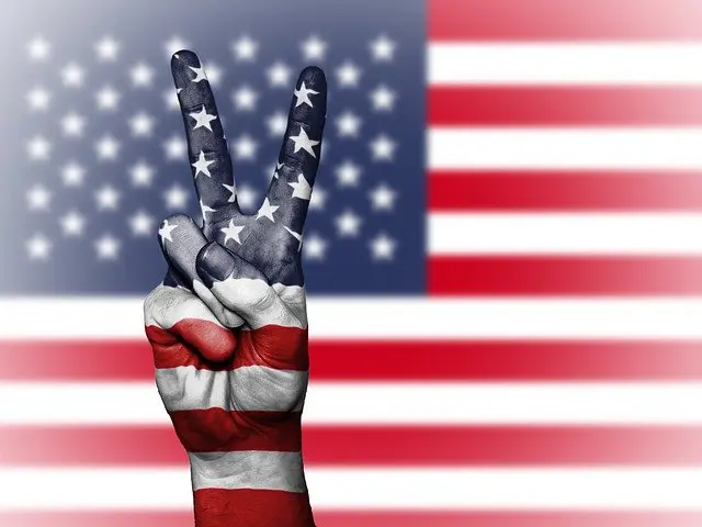 a hand displaying a peace sign covered in the design of an American flag