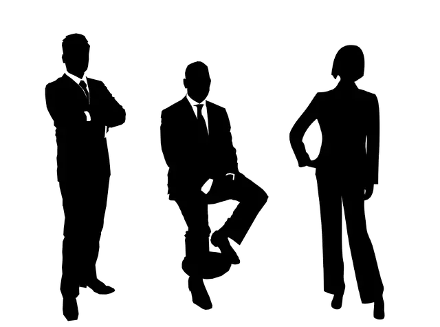 three silhouettes of people standing and sitting on a black background