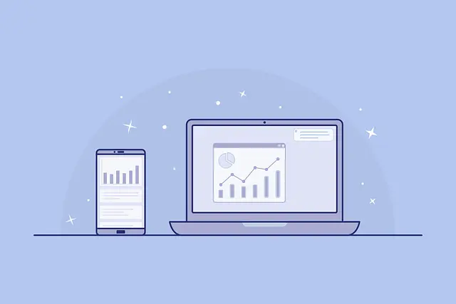 Illustration of a laptop and a cell phone with graphs on them