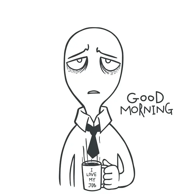 an illustrated person that looks exhausted saying 'good morning'