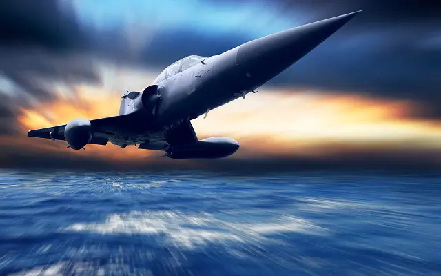 a fighter jet is flying over the ocean at sunset