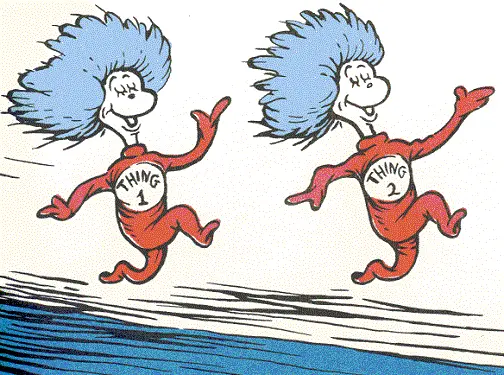 a cartoon of thing 1 and thing 2 jumping in the air