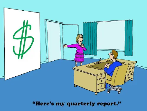 a cartoon of a man sitting at a desk and a woman pointing at a dollar sign