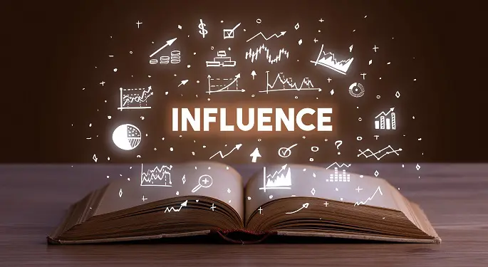 An open book with the word influence coming out of it with different types of graphs