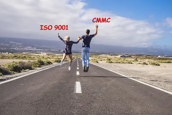 a man and a woman are jumping in the air with iso 9001 and cmmc written above them