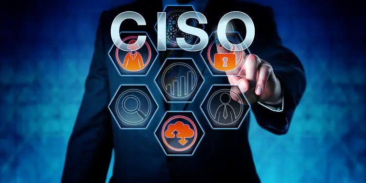 Business man in a suit pointing at a screen that says ciso
