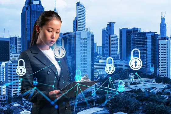 a woman in a suit is holding a clipboard in front of a city