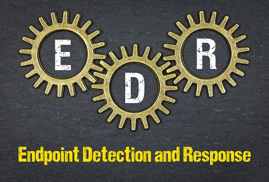 the letters 'e', 'd', and 'r' are featured in gold gears above the text 'endpoint detection and response'