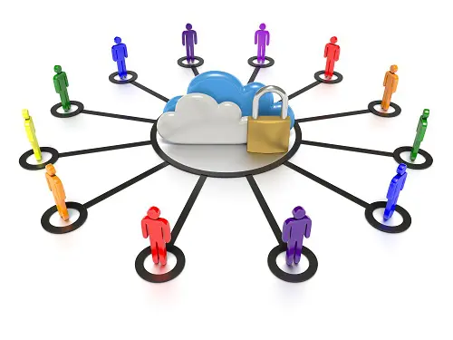 a group of people standing around a cloud with a padlock on it
