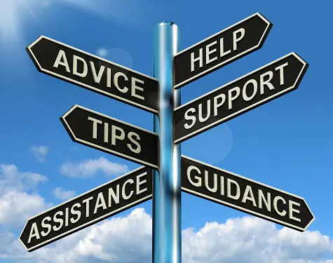 a signpost with advice, help, support, tips, assistance, and guidance written on it
