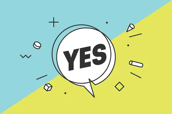 the word 'yes' is featured in the center of a thought bubble with a background that is half blue and half yellow