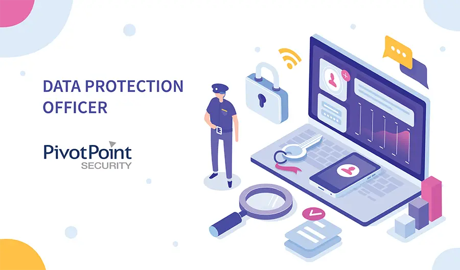the text 'data protection offer' and 'pivot point security' with an illustration of an officer surrounded by a computer, key, lock, and magnifying glass