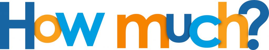 a blue and orange sign that says how much