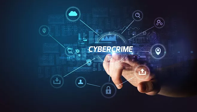 the phrase 'cyber crime' with a hand pointing towards the screen where icons are displayed
