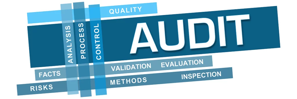 the word audit that is on a blue background