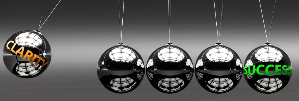 a newton's cradle with balls that say clarity and success