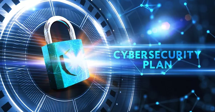 Blue padlock banner surrounded by the words cybersecurity plan