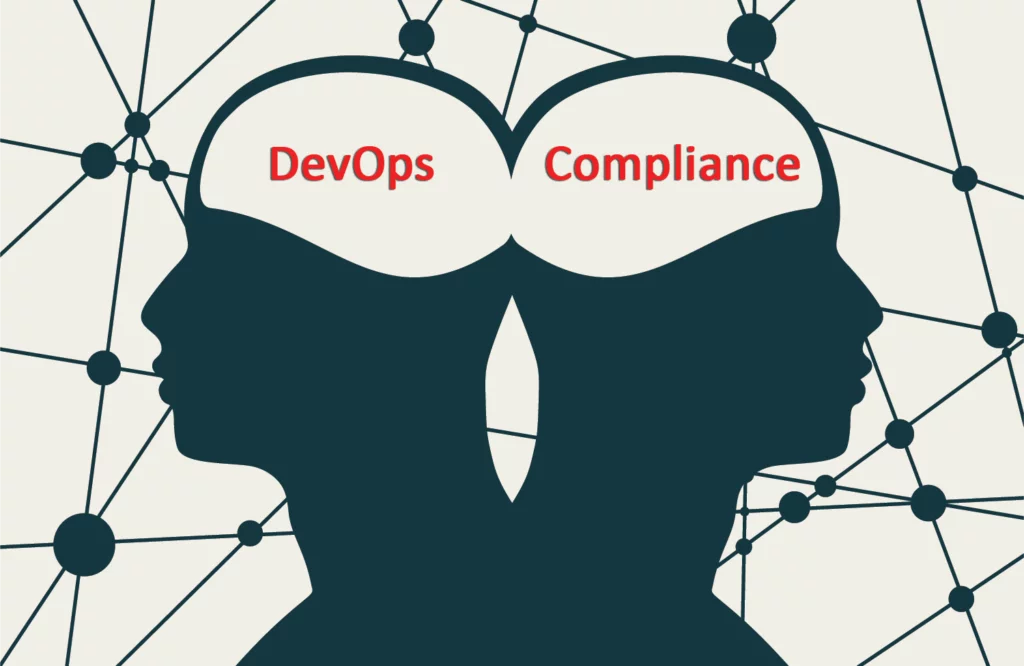 two heads with the words devops and compliance on them