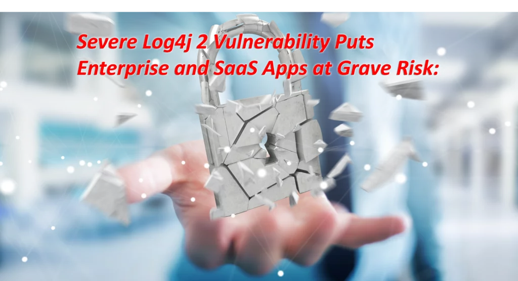 the text 'severe log4j 2 vulnerability puts enterprise and saas aps at grave risk' with a hand smashing a lock in the background