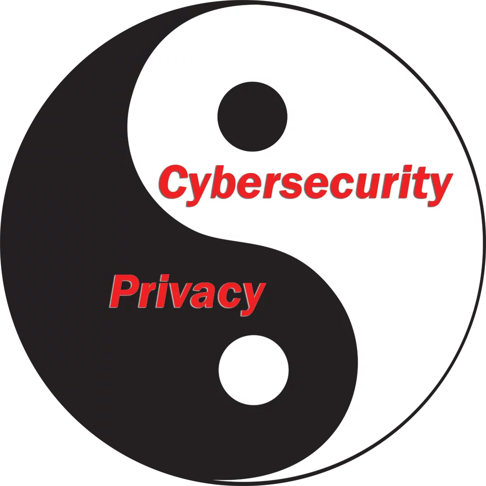 a yin and yang symbol featuring the words 'cybersecurity' and 'privacy'