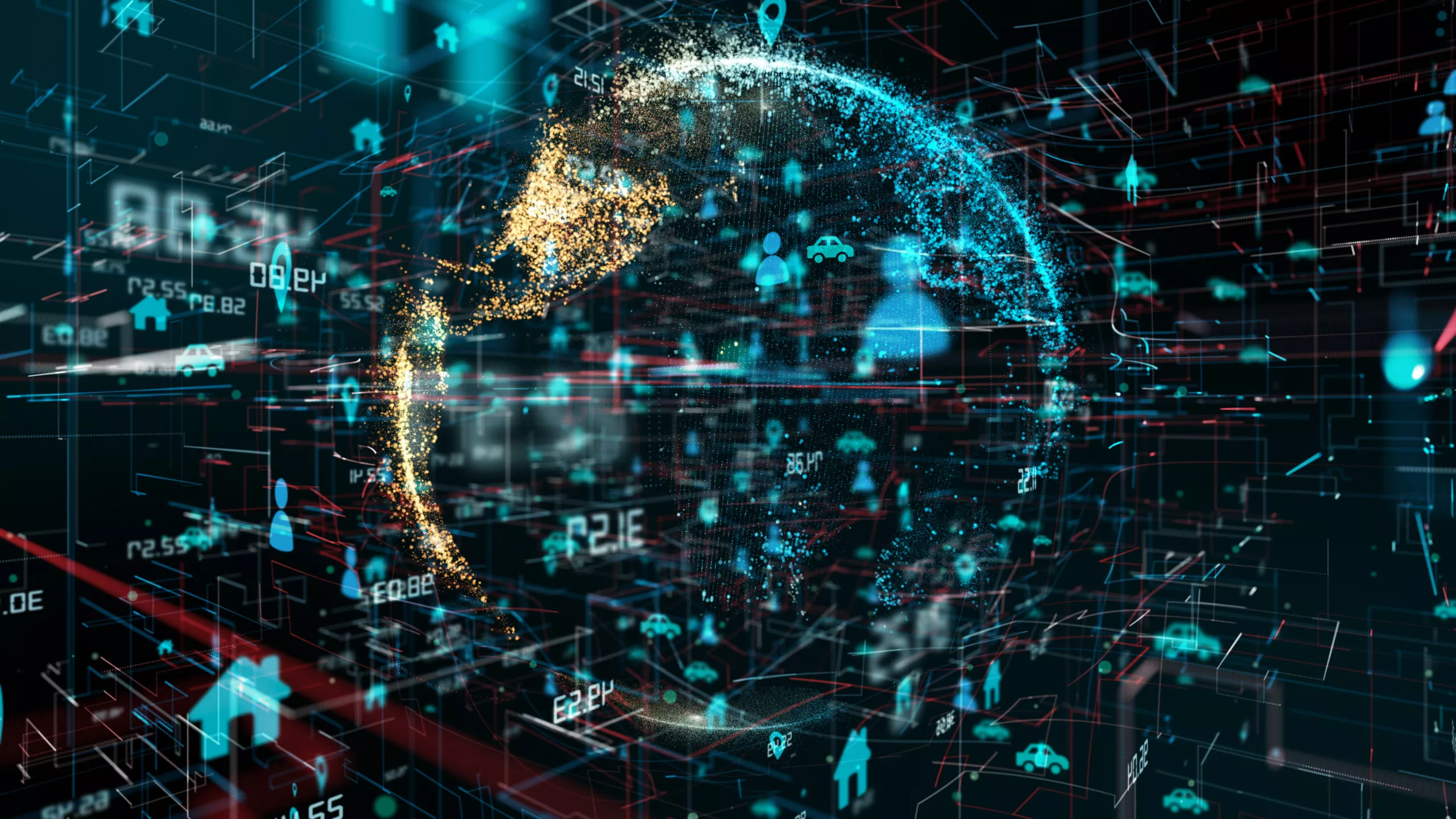 computer generated image of a globe surrounded by numbers and icons